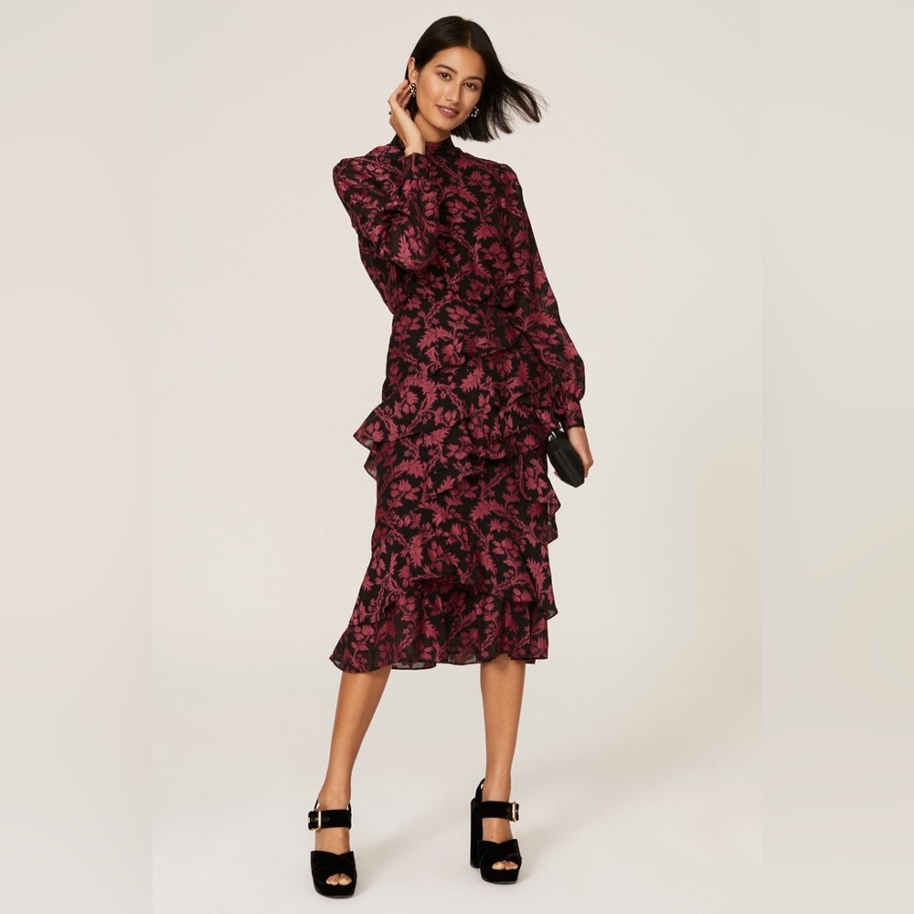 SALONI Burgundy Floral Midi Dress